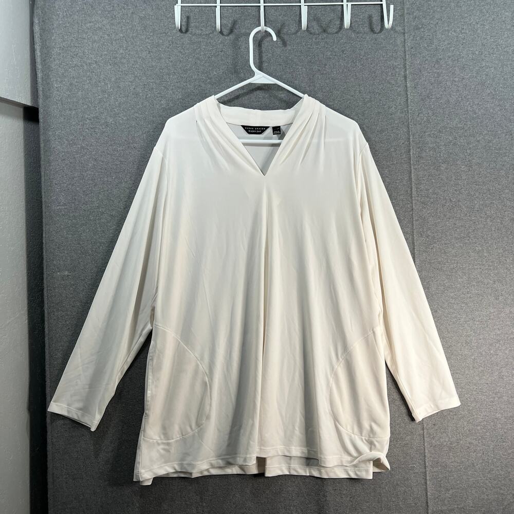 Susan Graver Every Day Pet Liquid Knit V-Neck A-Line Tunic Ivory Size XLP